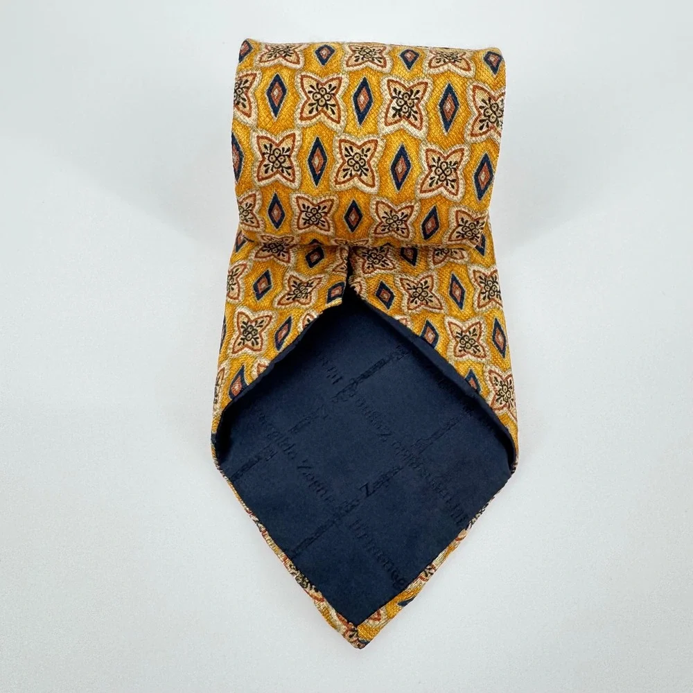 Ermenegildo Zegna 100%‎ Silk Tie Geometric Floral Print Yellow Blue Italy Mens